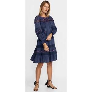 Johnny Was Reina Midi Dress Womens Large Linen-Blend Blue Embroidered